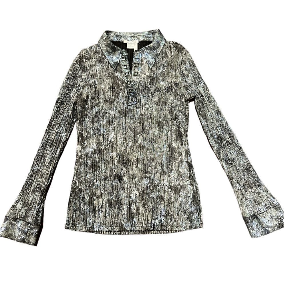 ALBERTO MAKALI Women’s Grommet Detail Long Sleeve Crinkle Top Black/Silver Large